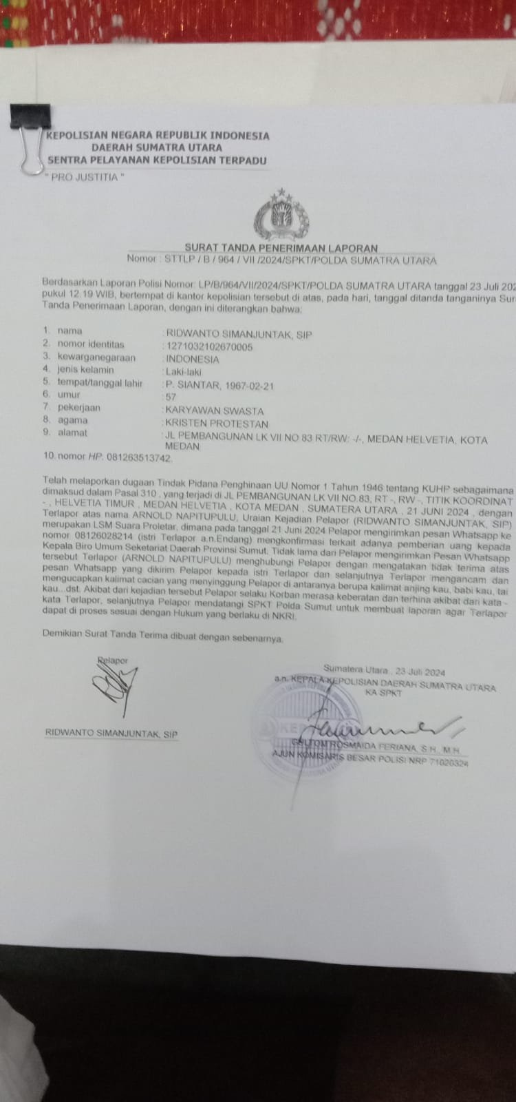 LSM PROLETAR resmi melaporkan mafia proyek di biro setda provsu inisial AN ke POLDASU