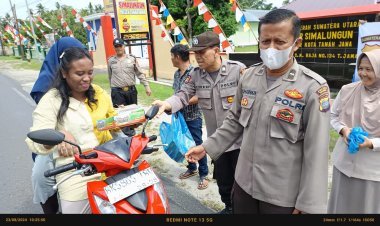 Polsek Tanah Jawa Gelar Aksi Sosial Jumat Berkah, Bagikan Nasi Kotak dan Sosialisasi Keselamatan Berlalu Lintas