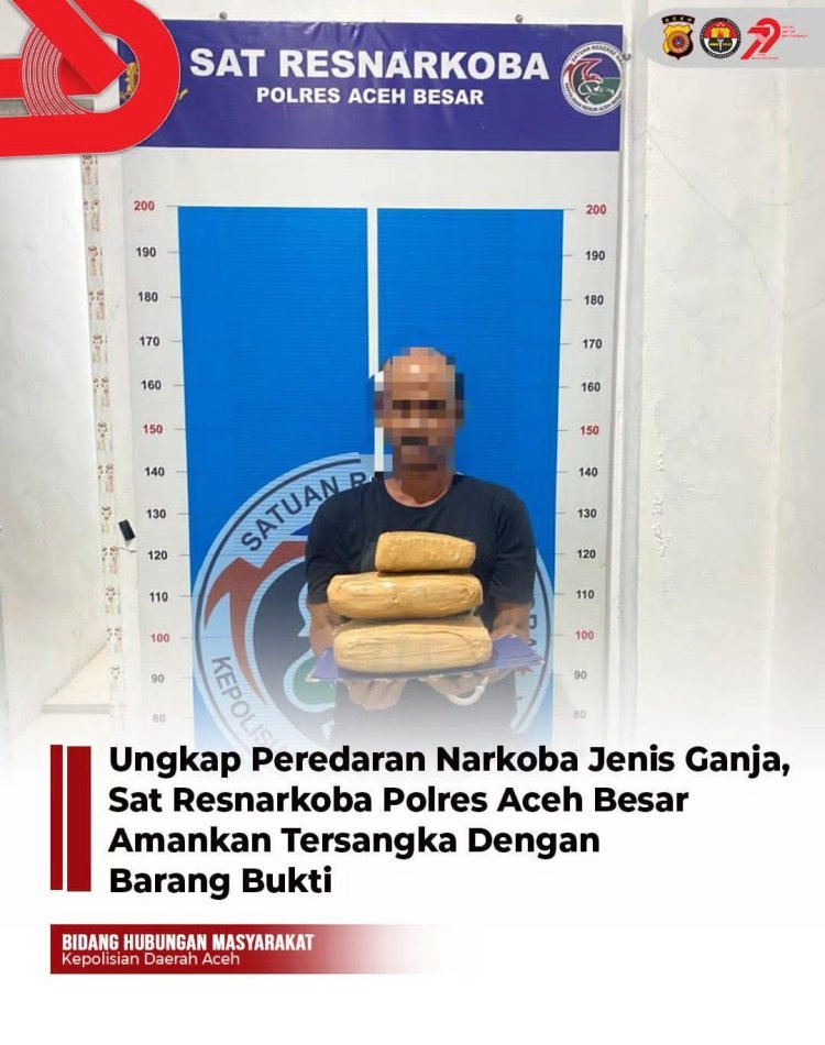 Pria 55 Tahun Dibekuk Satresnarkoba Aceh Besar, Bawa 5 Bal Ganja Siap Edar