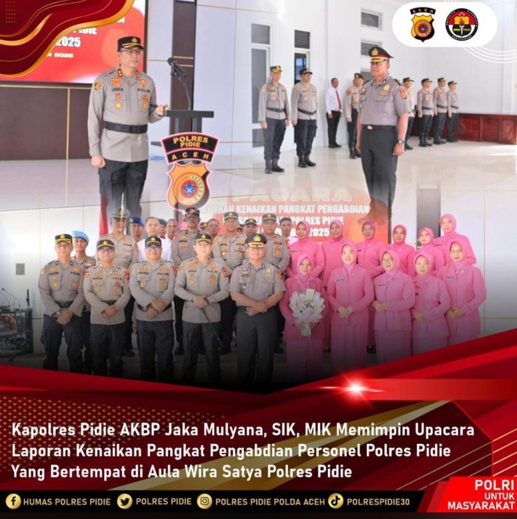 Kapolres Pidie Pimpin Upacara Kenaikan Pangkat Pengabdian Personel Polres Pidie