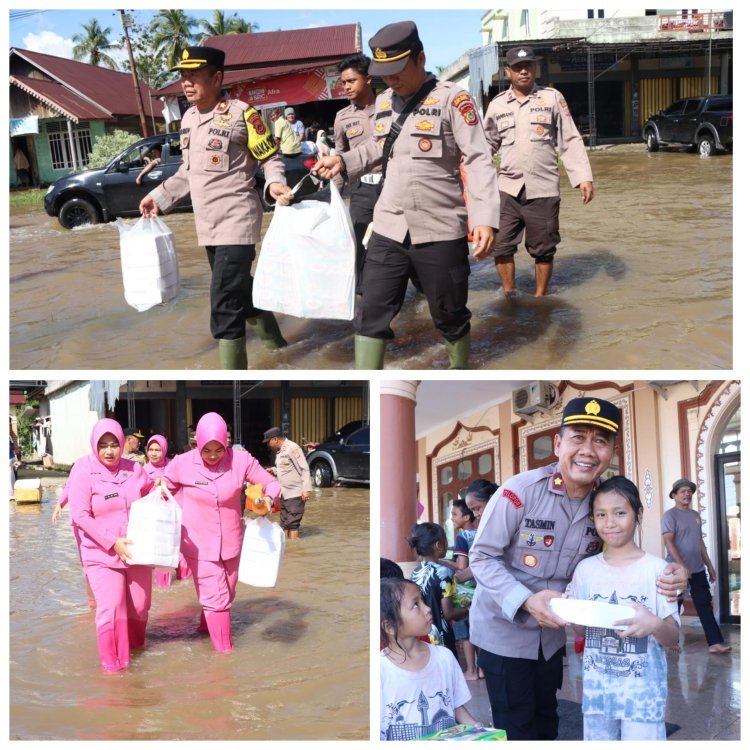 Polres Aceh Singkil dan Bhayangkari Cabang Aceh Singkil Gelar Bakti Sosial Berikan Bantuan Bahan Pokok di Posko Pengungsian Banjir Kecamatan Singkil