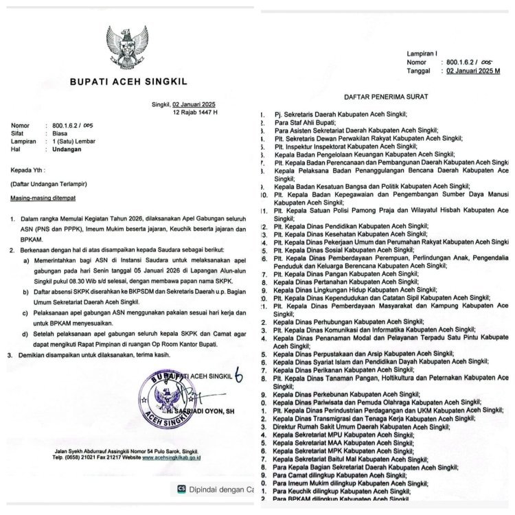 Awali Aktivitas 2026, Bupati Aceh Singkil Undang ASN dan PPPK Ikuti Apel Gabungan