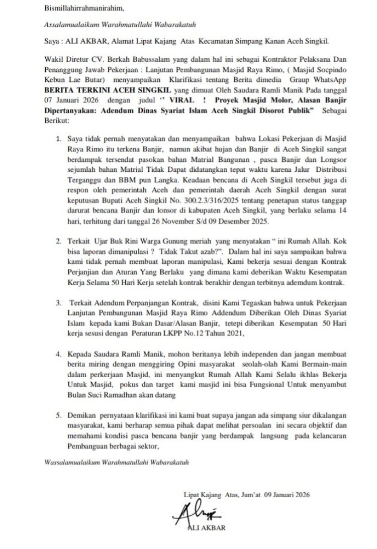 Klarifikasi Proyek Masjid Agung Rimo Tuai Polemik, Perpanjangan Kontrak Dipertanyakan Publik