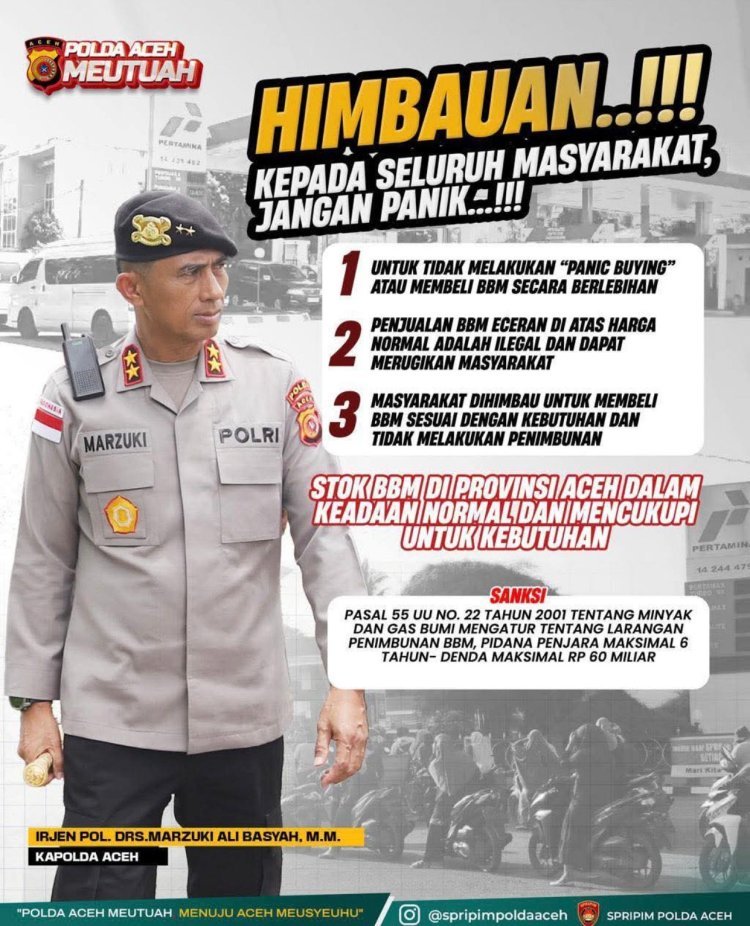 Kapolda Aceh Imbau Warga Tidak Panic Buying, Stok BBM Dipastikan Aman